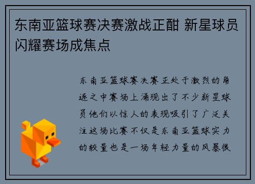 东南亚篮球赛决赛激战正酣 新星球员闪耀赛场成焦点