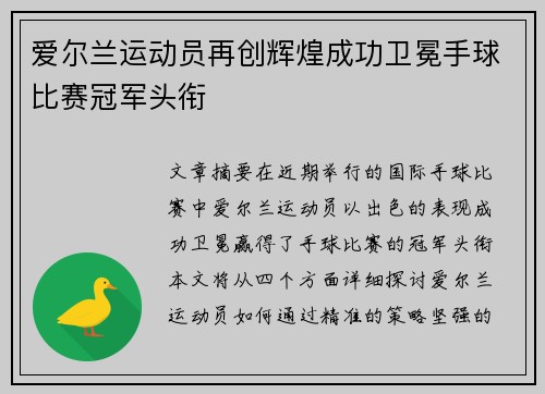 爱尔兰运动员再创辉煌成功卫冕手球比赛冠军头衔