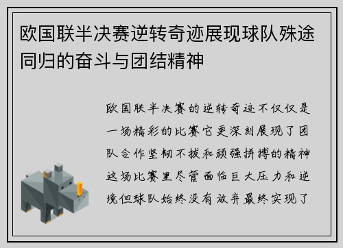 欧国联半决赛逆转奇迹展现球队殊途同归的奋斗与团结精神