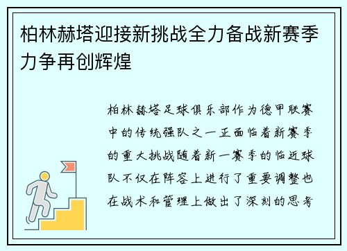 柏林赫塔迎接新挑战全力备战新赛季力争再创辉煌