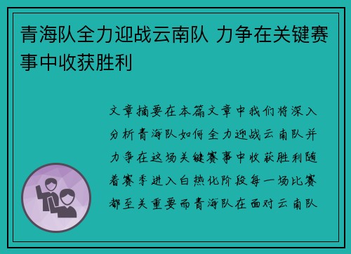 青海队全力迎战云南队 力争在关键赛事中收获胜利