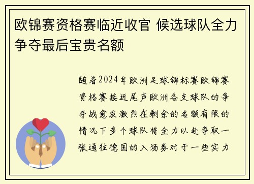 欧锦赛资格赛临近收官 候选球队全力争夺最后宝贵名额