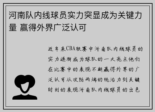 河南队内线球员实力突显成为关键力量 赢得外界广泛认可