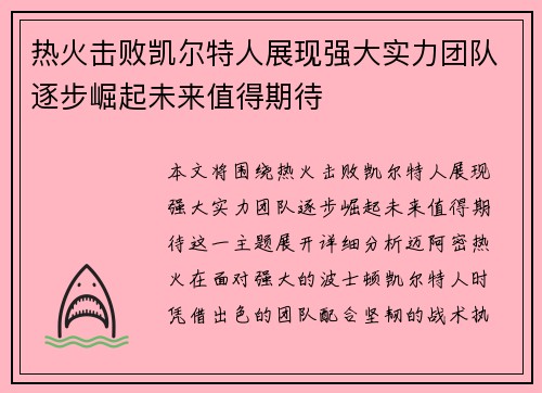 热火击败凯尔特人展现强大实力团队逐步崛起未来值得期待