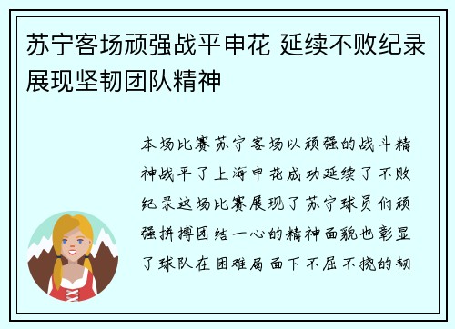 苏宁客场顽强战平申花 延续不败纪录展现坚韧团队精神