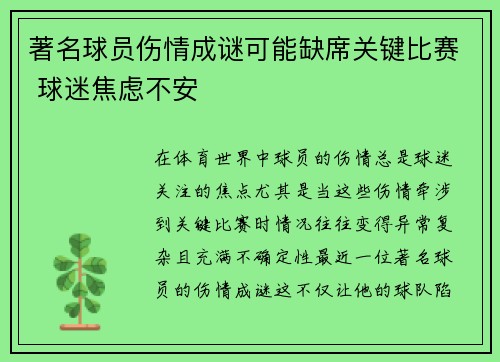 著名球员伤情成谜可能缺席关键比赛 球迷焦虑不安