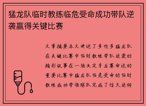 猛龙队临时教练临危受命成功带队逆袭赢得关键比赛