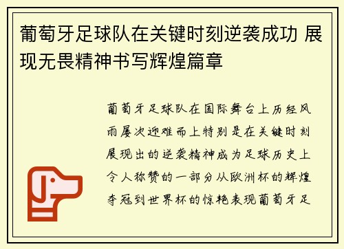 葡萄牙足球队在关键时刻逆袭成功 展现无畏精神书写辉煌篇章