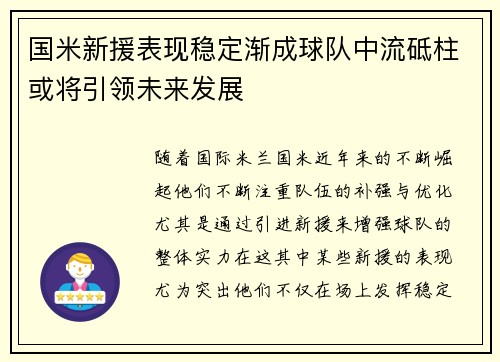 国米新援表现稳定渐成球队中流砥柱或将引领未来发展
